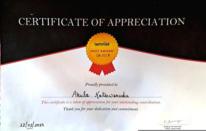 Lemnisk Spot Award Certificate